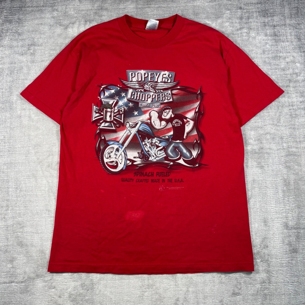 Popeye Choppers Shirt Mens Large Red Vintage Y2K 2004 Biker Americana Iron Cross